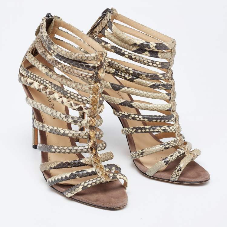 Pre Owned Alexandre Birman Brown/Beige Python Embossed Leather Caged Zipper Sandals Size 37