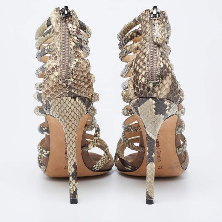 Pre Owned Alexandre Birman Brown/Beige Python Embossed Leather Caged Zipper Sandals Size 37