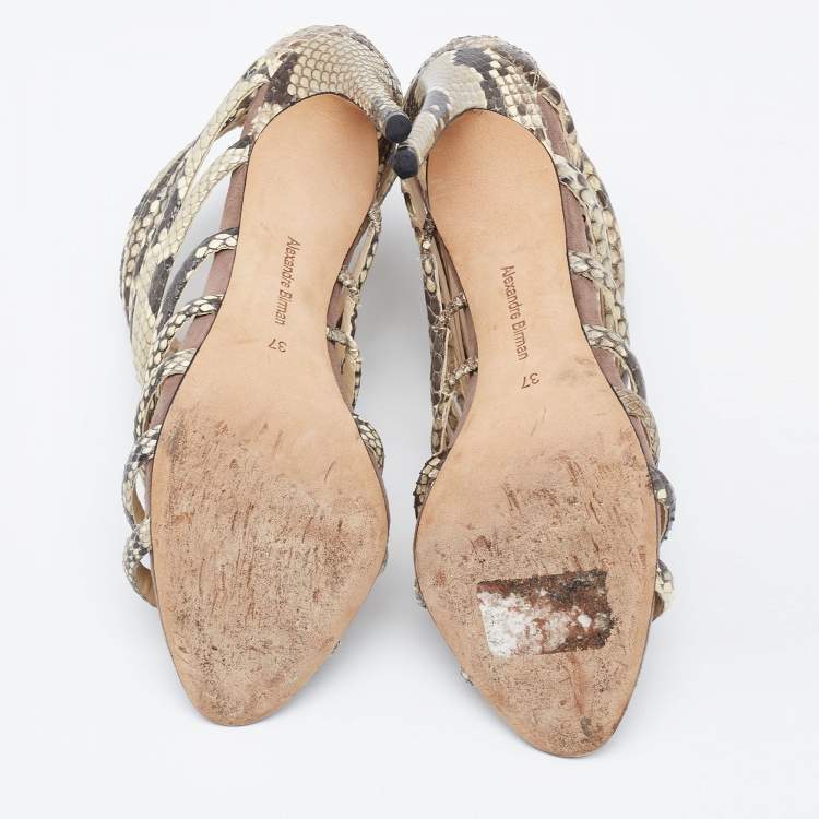 Pre Owned Alexandre Birman Brown/Beige Python Embossed Leather Caged Zipper Sandals Size 37