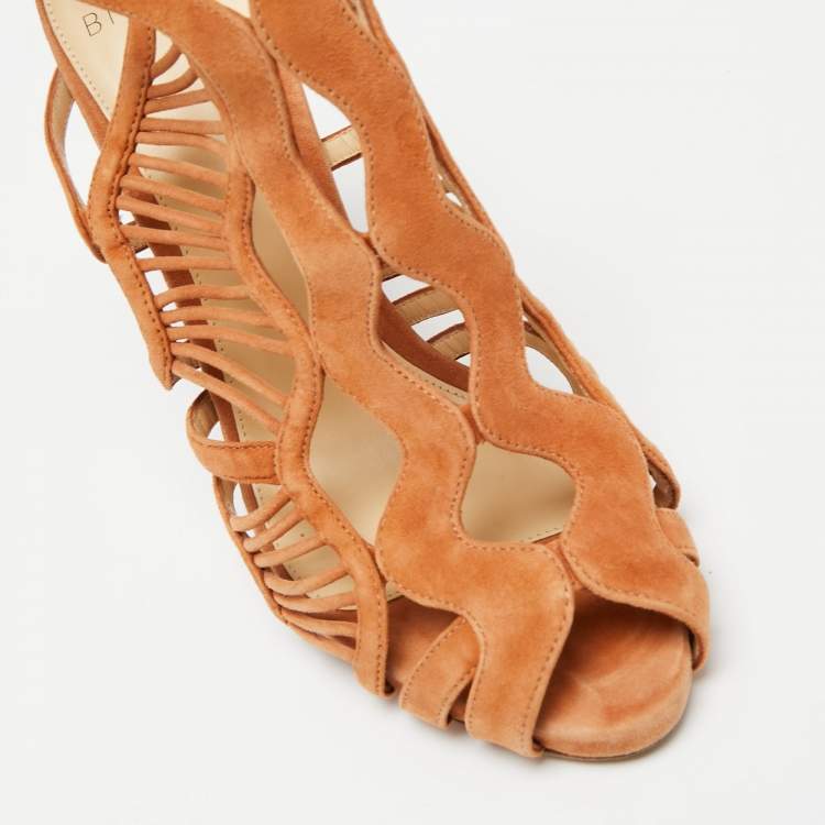 Pre Owned Alexandre Birman Brown Suede Cut Out Peep-Toe Ankle Strap Sandals Size 37