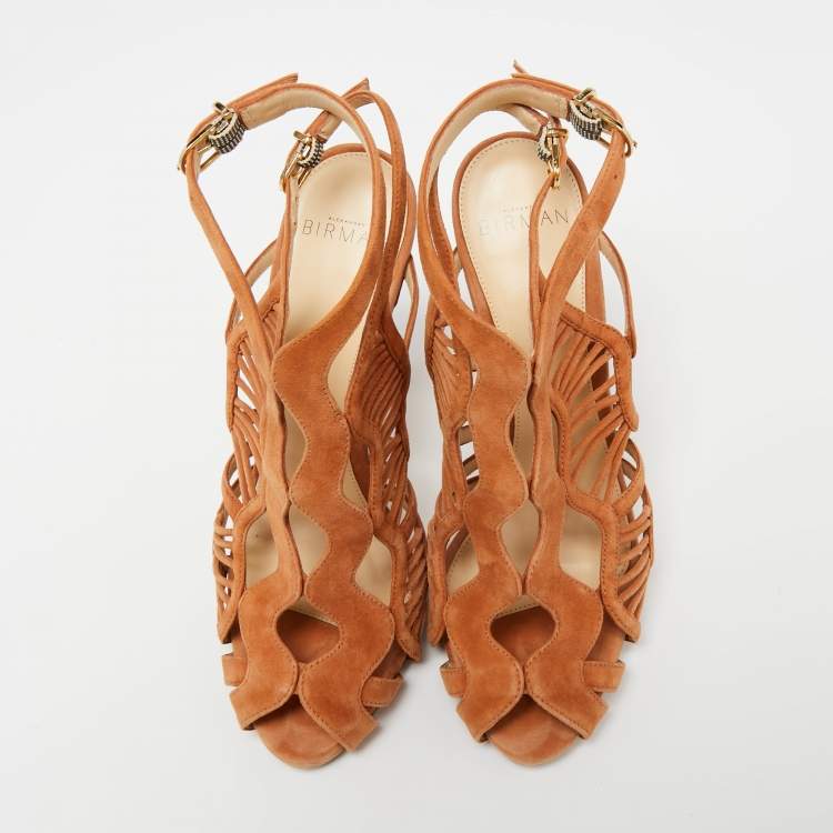 Pre Owned Alexandre Birman Brown Suede Cut Out Peep-Toe Ankle Strap Sandals Size 37