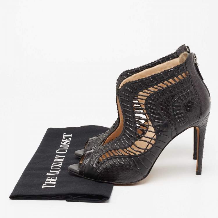 Pre Owned Alexandre Birman Black Python and Leather Caged Peep-Toe Booties Size 38