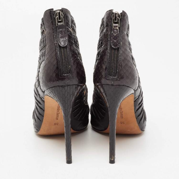 Pre Owned Alexandre Birman Black Python and Leather Caged Peep-Toe Booties Size 38