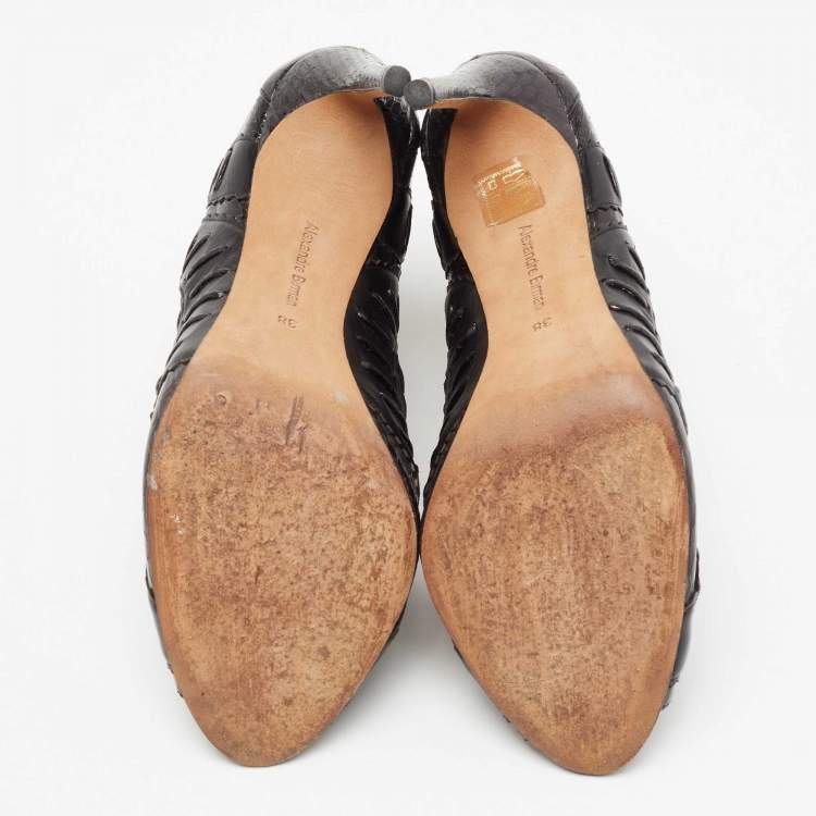 Pre Owned Alexandre Birman Black Python and Leather Caged Peep-Toe Booties Size 38