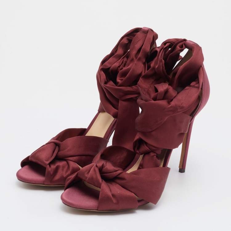 Pre Owned Alexandre Birman Burgundy Satin Katherine Ankle Wrap Sandals Size 40