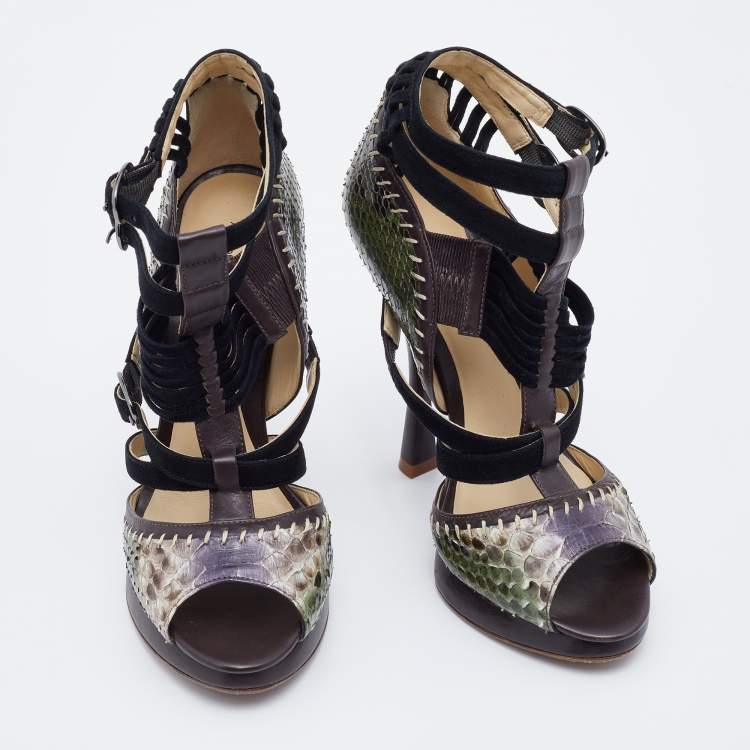 Pre Owned Alexandre Birman Multicolor Python and Leather Peep Toe Platform Sandals Size 38.5