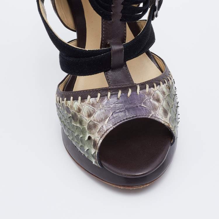 Pre Owned Alexandre Birman Multicolor Python and Leather Peep Toe Platform Sandals Size 38.5