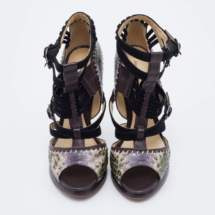 Pre Owned Alexandre Birman Multicolor Python and Leather Peep Toe Platform Sandals Size 38.5