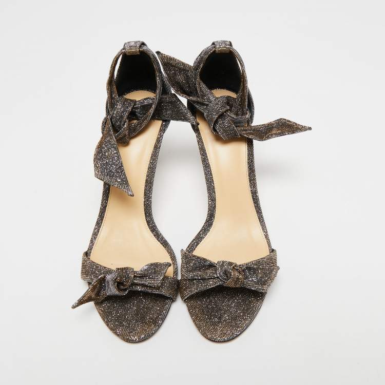 Pre Owned Alexandre Birman Black/Gold Lurex Fabric Clarita Bow Ankle Wrap Sandals Size 38