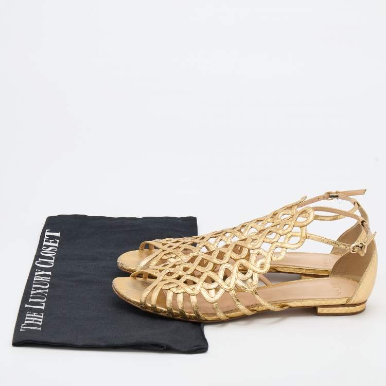 Pre Owned Alexandre Birman Gold Leather Strappy Flat Sandals Size 38