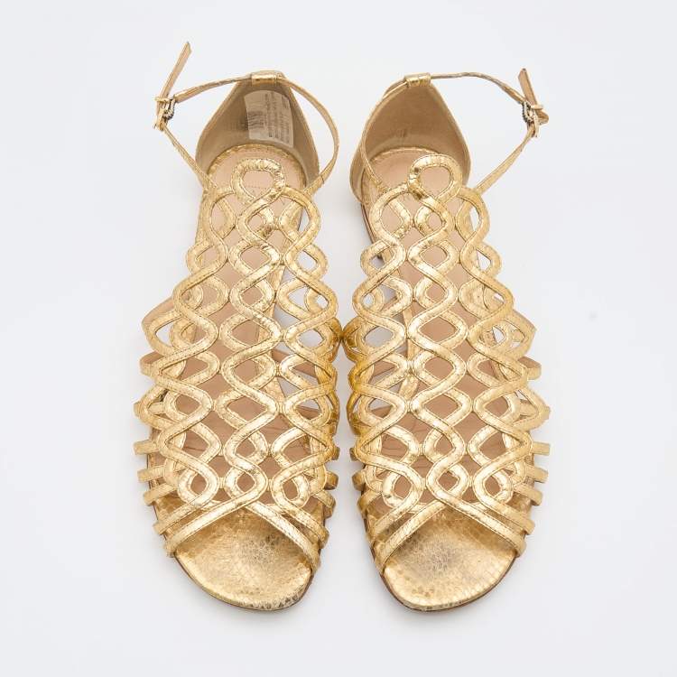 Pre Owned Alexandre Birman Gold Leather Strappy Flat Sandals Size 38