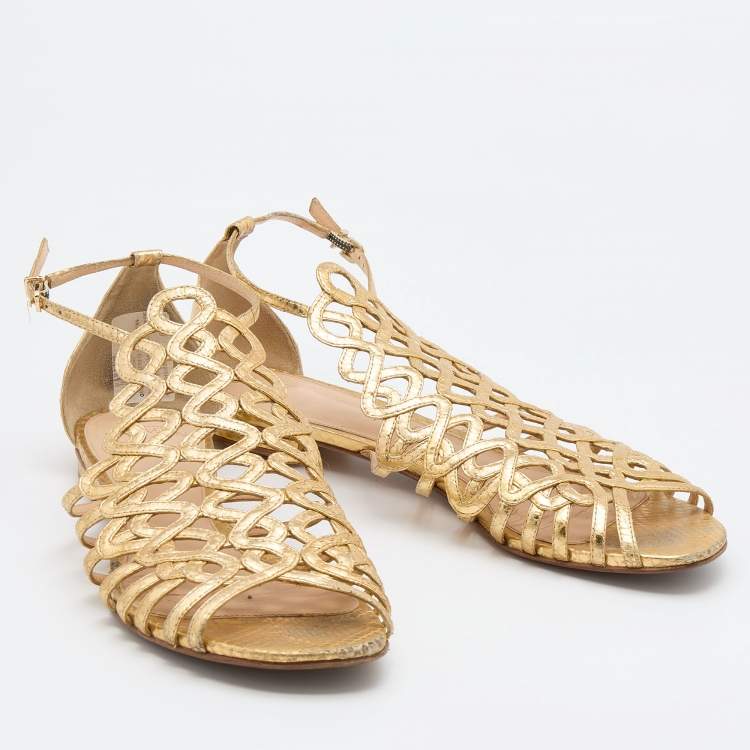 Pre Owned Alexandre Birman Gold Leather Strappy Flat Sandals Size 38