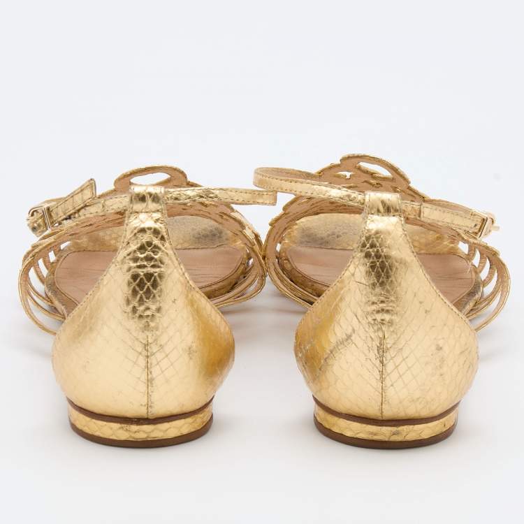 Pre Owned Alexandre Birman Gold Leather Strappy Flat Sandals Size 38