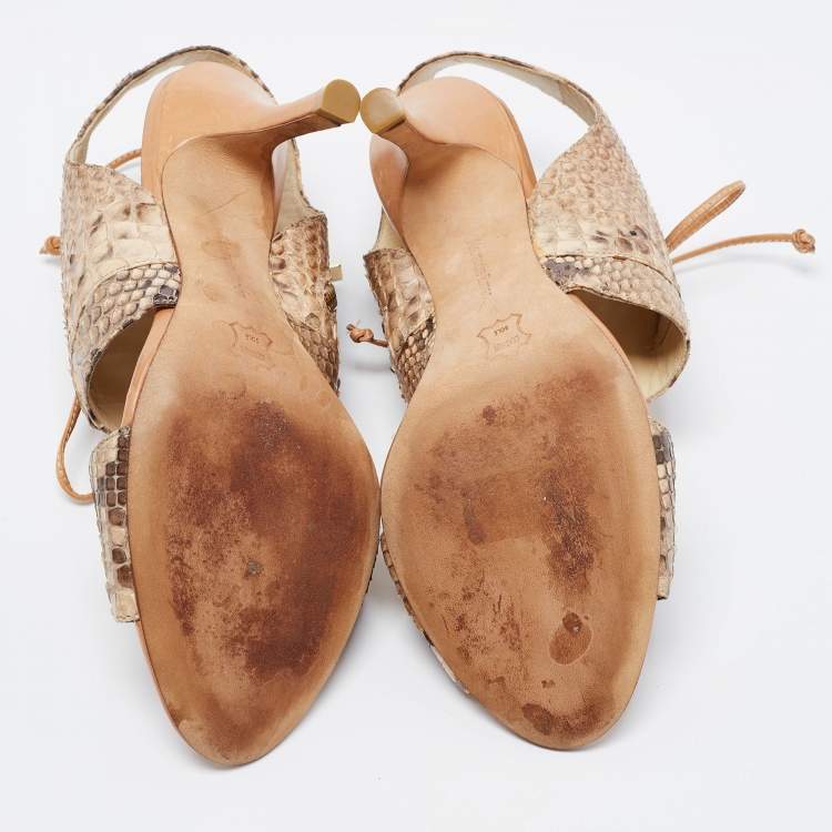 Pre Owned Alexandre Birman Beige/Brown Snakeskin Lace Up Sandals Size 39.5