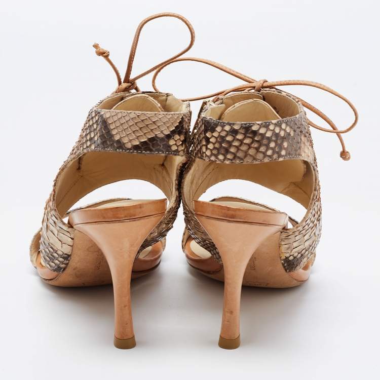 Pre Owned Alexandre Birman Beige/Brown Snakeskin Lace Up Sandals Size 39.5