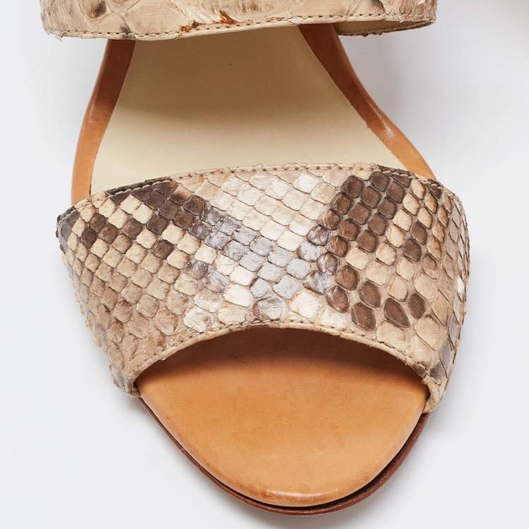 Pre Owned Alexandre Birman Beige/Brown Snakeskin Lace Up Sandals Size 39.5