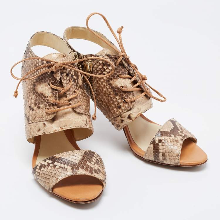 Pre Owned Alexandre Birman Beige/Brown Snakeskin Lace Up Sandals Size 39.5