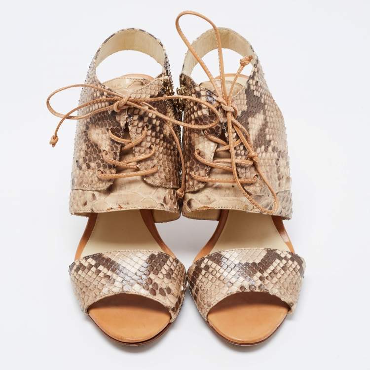 Pre Owned Alexandre Birman Beige/Brown Snakeskin Lace Up Sandals Size 39.5