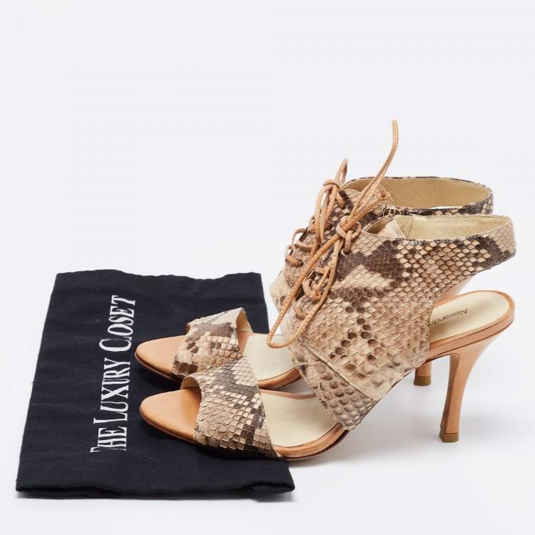 Pre Owned Alexandre Birman Beige/Brown Snakeskin Lace Up Sandals Size 39.5