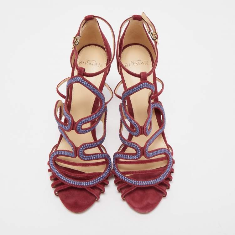 Pre Owned Alexandre Birman Burgundy Suede Ankle Strap Cage Sandals Size 38