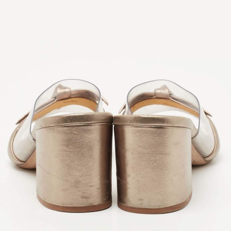 Pre Owned Alexandre Birman Metallic Leather and PVC Clarita Slide Sandals Size 41.5
