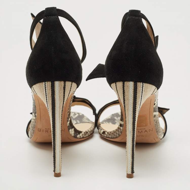 Pre Owned Alexandre Birman Black Suede and Python Leather Clarita  Ankle Wrap Sandals Size 37.5