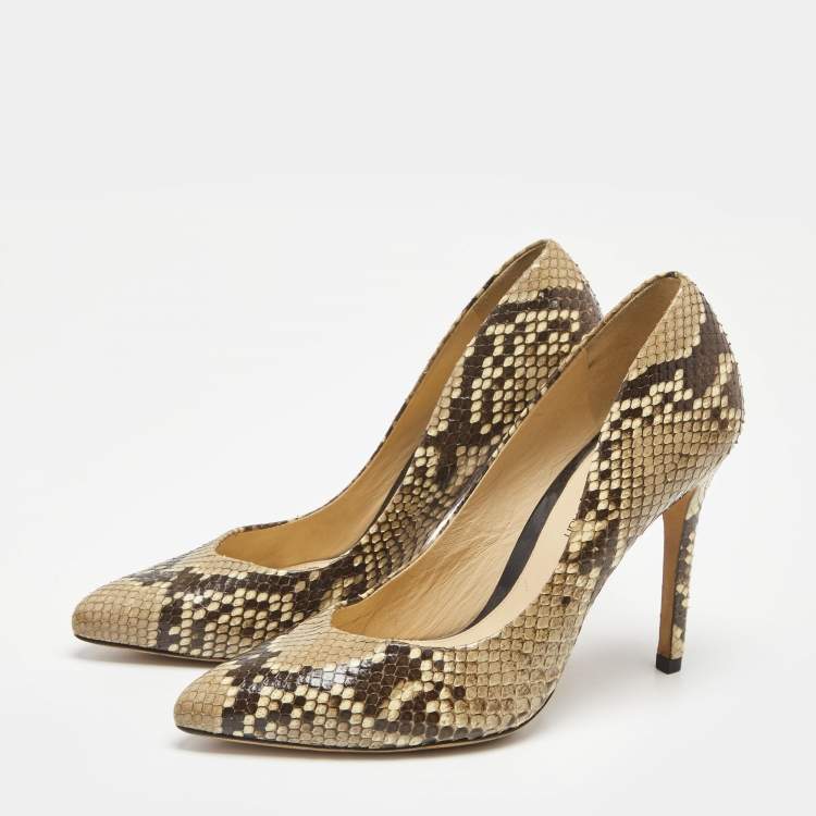 Pre Owned Alexandra Birman Beige/Brown Python Pointed Toe Pumps Size 37.5