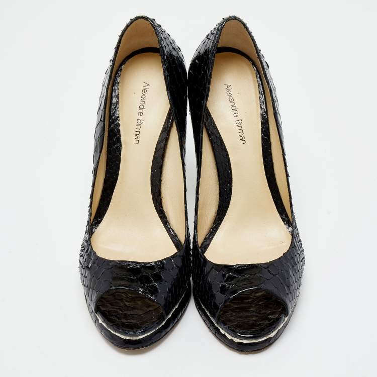 Pre Owned Alexandre Birman Black Python Peep Toe Platform Pumps Size 39.5