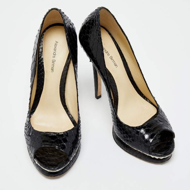 Pre Owned Alexandre Birman Black Python Peep Toe Platform Pumps Size 39.5