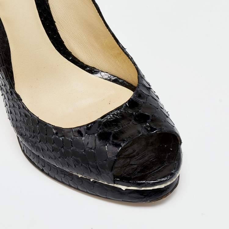 Pre Owned Alexandre Birman Black Python Peep Toe Platform Pumps Size 39.5