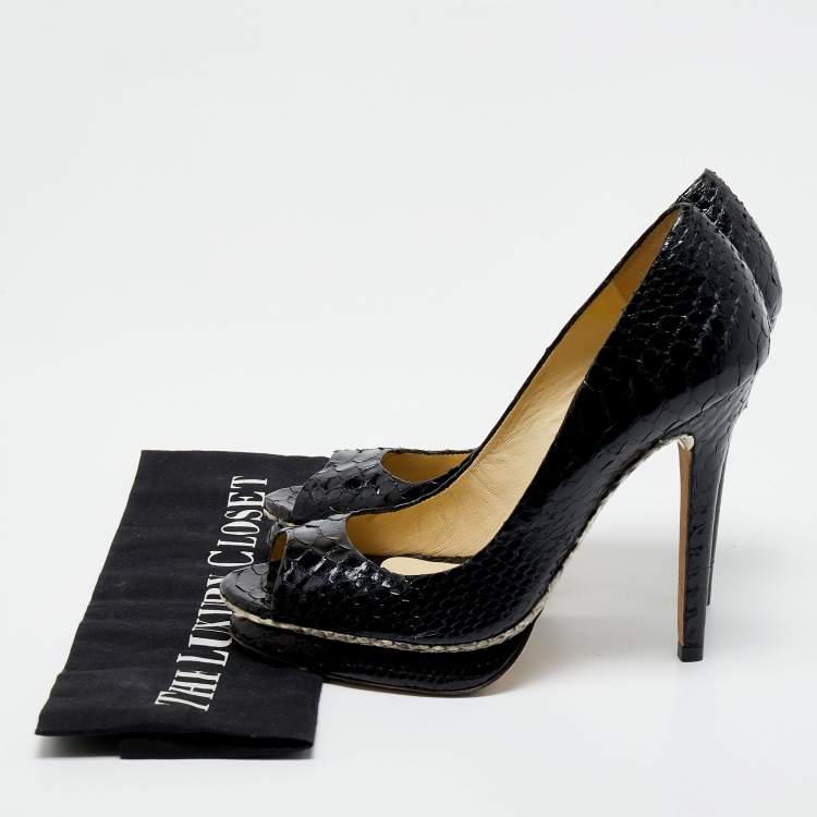 Pre Owned Alexandre Birman Black Python Peep Toe Platform Pumps Size 39.5