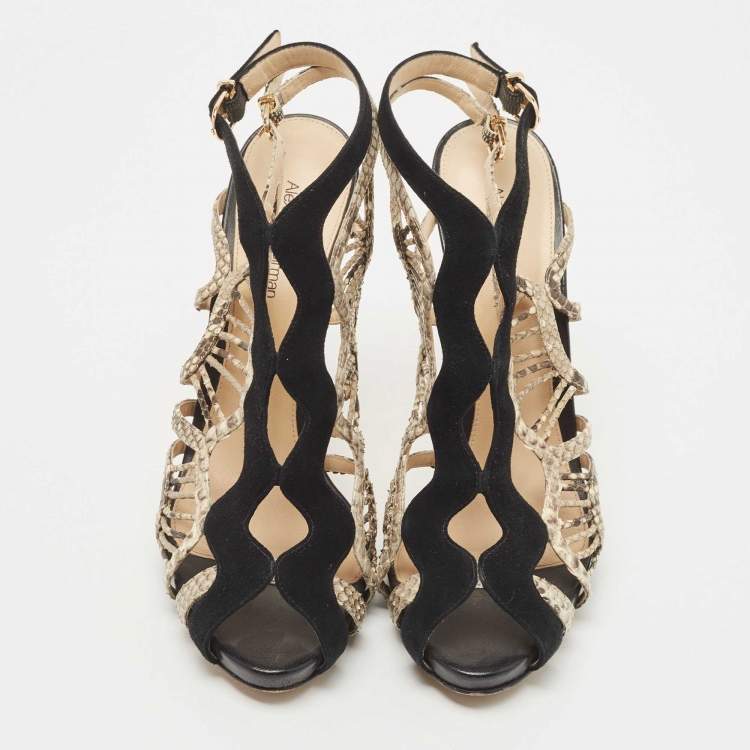 Pre Owned Alexandre Birman Black Suede and Python Leather Cut Out Slingback Sandals Size 40