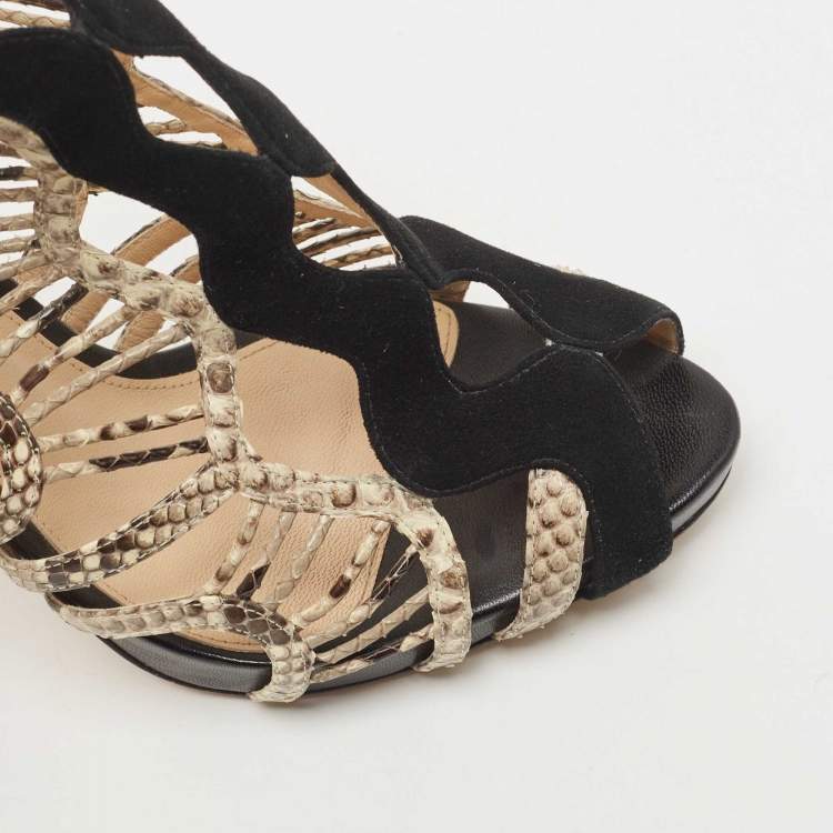 Pre Owned Alexandre Birman Black Suede and Python Leather Cut Out Slingback Sandals Size 40