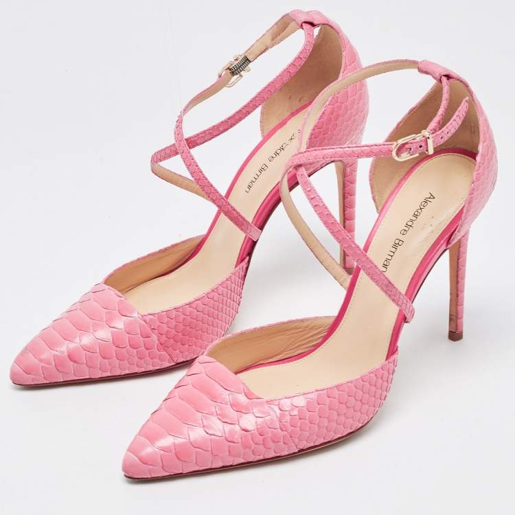 Pre Owned Alexandre Birman Pink Python Leather Crisscross Strap Pumps Size 37.5
