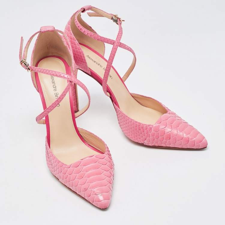 Pre Owned Alexandre Birman Pink Python Leather Crisscross Strap Pumps Size 37.5
