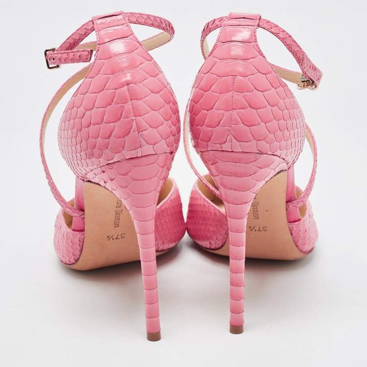 Pre Owned Alexandre Birman Pink Python Leather Crisscross Strap Pumps Size 37.5