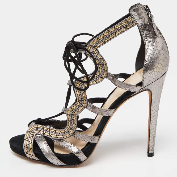 Alexandre Birman Metallic Python Embossed Leather Strappy Ankle