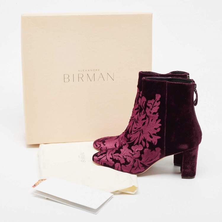 Pre Owned Alexandre Birman Burgundy Floral Velvet Block Heel Ankle Boots Size 41
