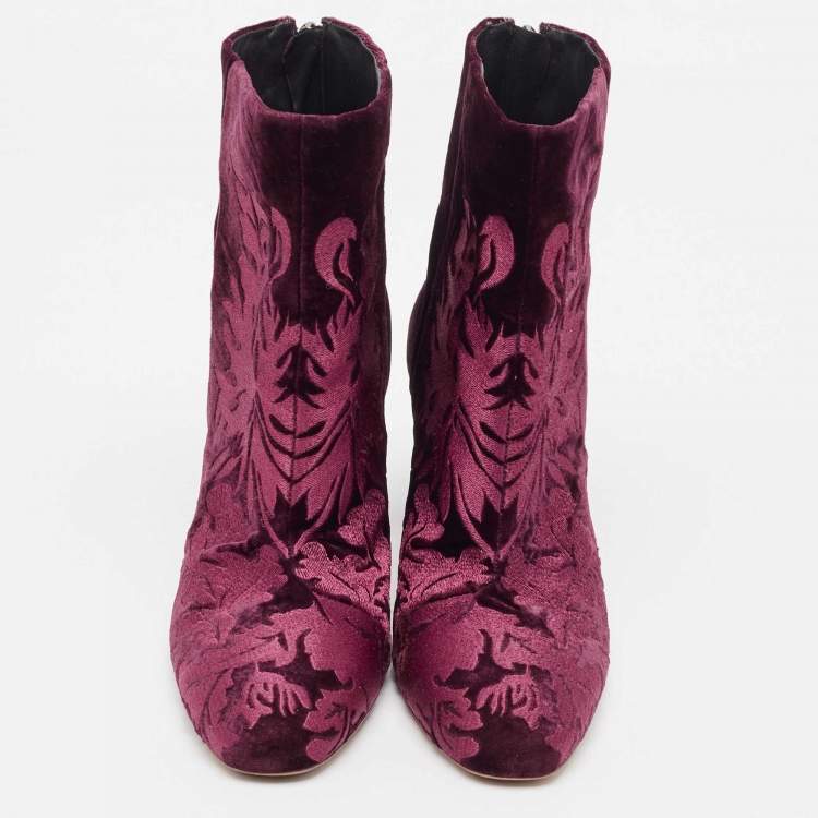 Pre Owned Alexandre Birman Burgundy Floral Velvet Block Heel Ankle Boots Size 41