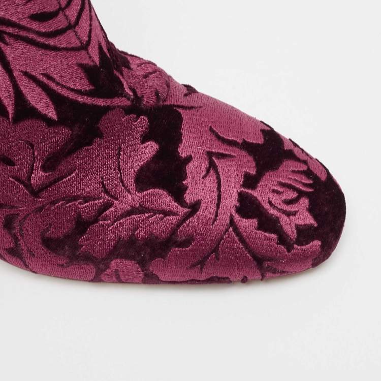 Pre Owned Alexandre Birman Burgundy Floral Velvet Block Heel Ankle Boots Size 41