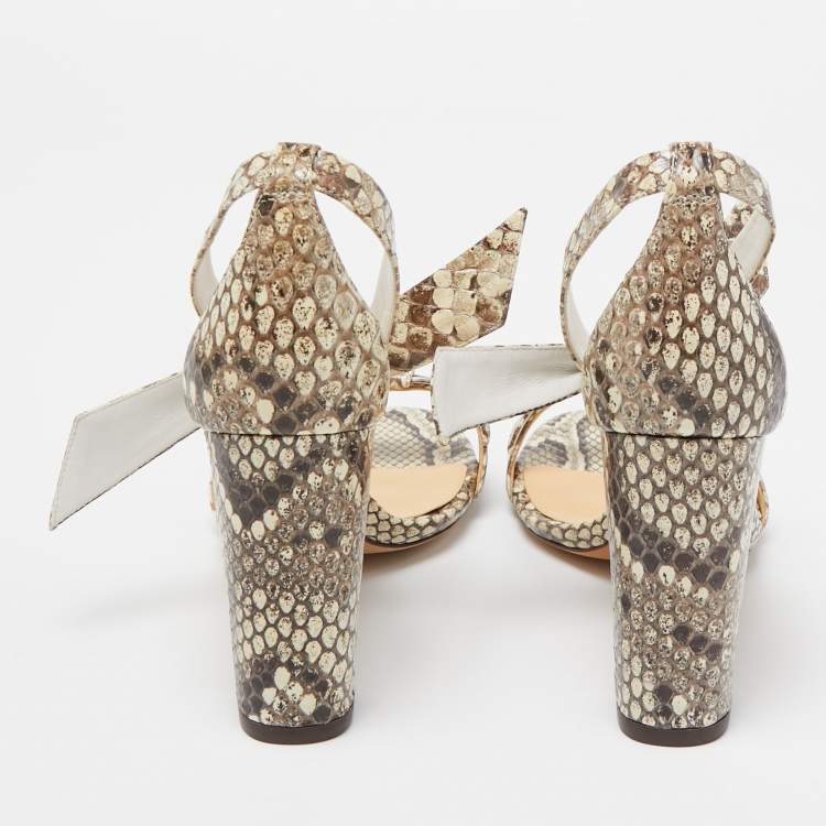 Pre Owned Alexandre Birman Brown/Beige Embossed Python Clarita Bow Tie Sandals Size 38.5