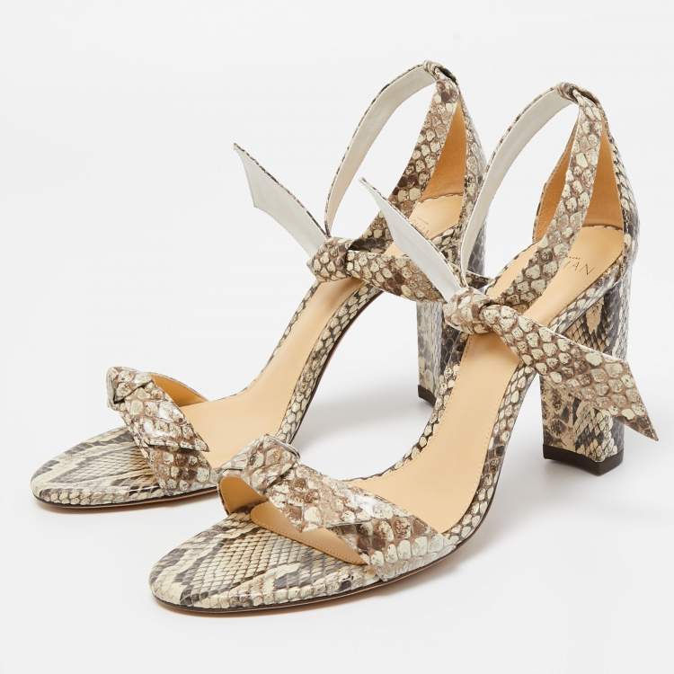 Pre Owned Alexandre Birman Brown/Beige Embossed Python Clarita Bow Tie Sandals Size 38.5