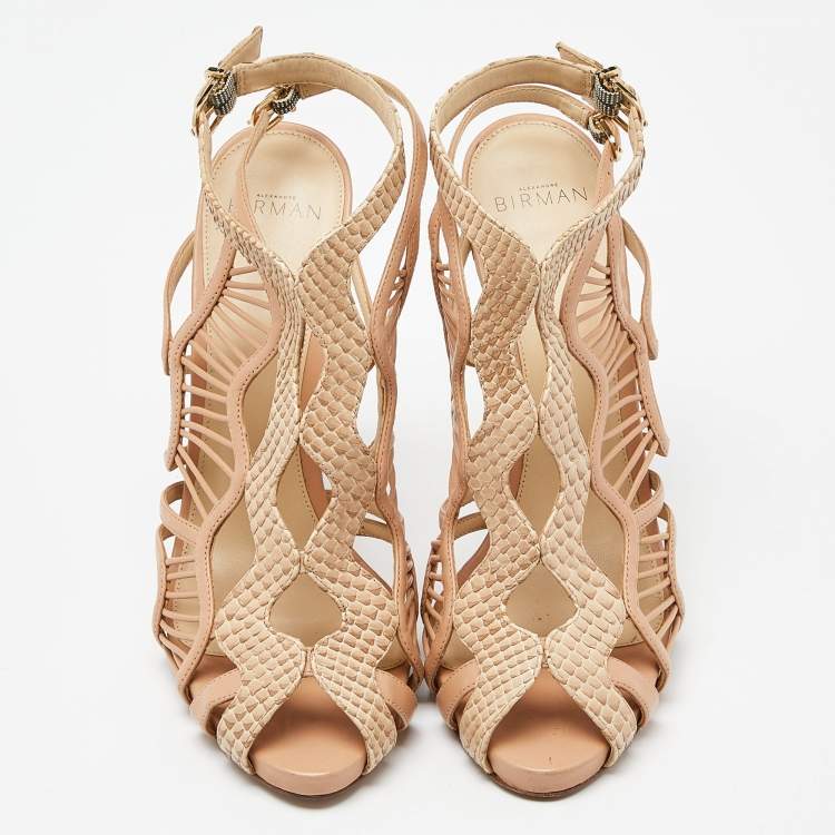 Pre Owned Alexandre Birman Beige Suede Cut Out Peep-Toe Ankle Strap Sandals Size 41