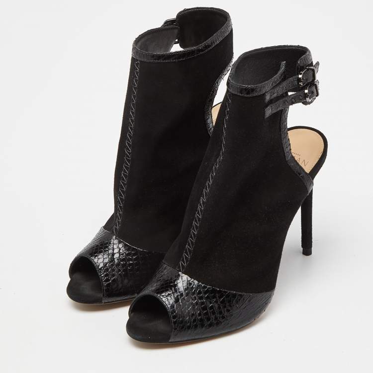 Pre Owned Alexandre Birman Black Suede and  Watersnake Leather Peep Toe Booties Size 37