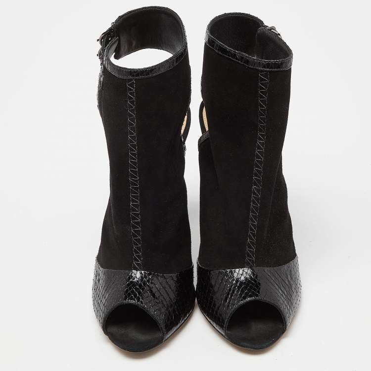 Pre Owned Alexandre Birman Black Suede and  Watersnake Leather Peep Toe Booties Size 37