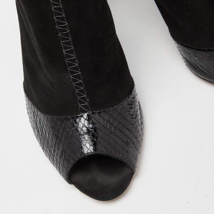 Pre Owned Alexandre Birman Black Suede and  Watersnake Leather Peep Toe Booties Size 37