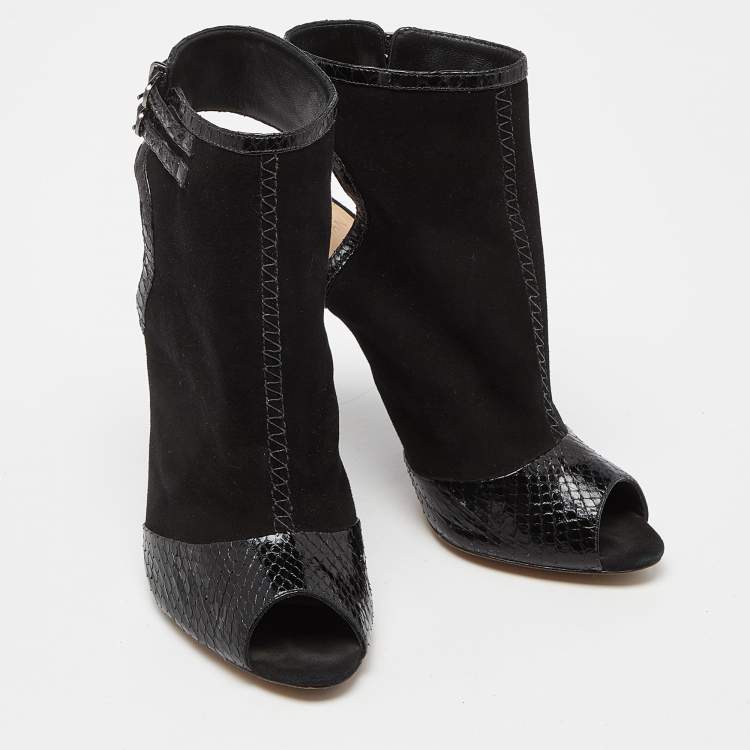 Pre Owned Alexandre Birman Black Suede and  Watersnake Leather Peep Toe Booties Size 37