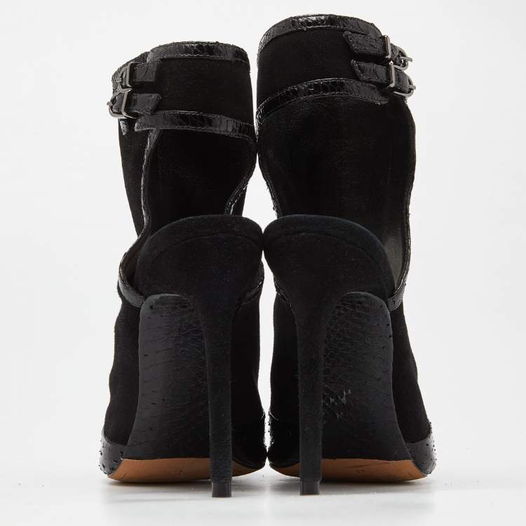 Pre Owned Alexandre Birman Black Suede and  Watersnake Leather Peep Toe Booties Size 37