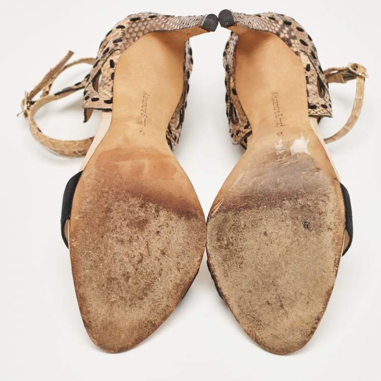 Pre Owned Alexandre Birman Tricolor Suede and Python Cut Out Ankle Strap Sandals Size 36.5