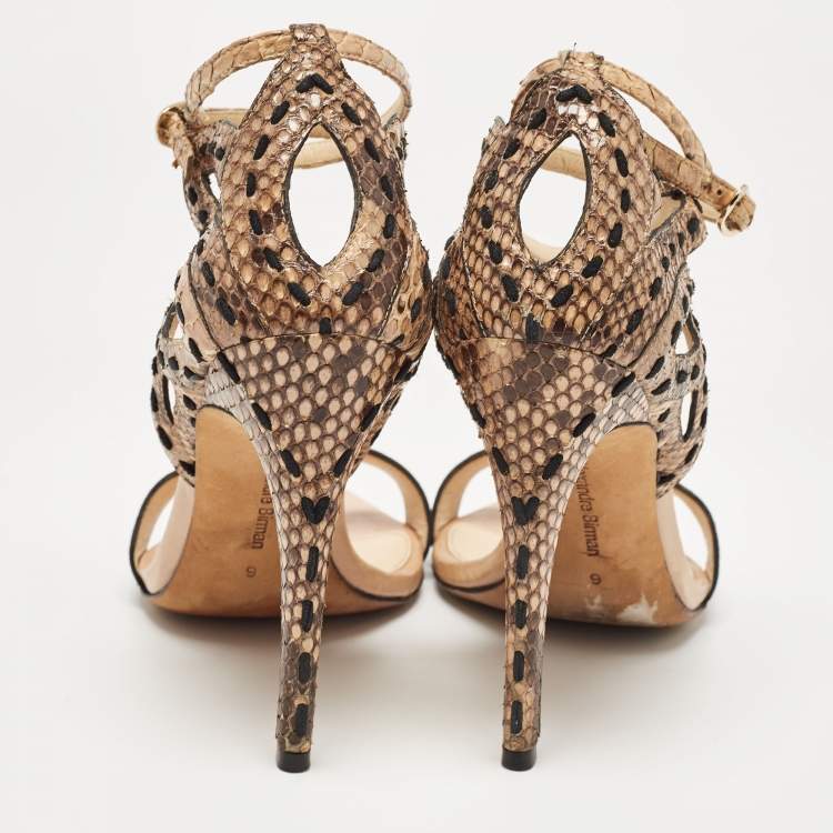 Pre Owned Alexandre Birman Tricolor Suede and Python Cut Out Ankle Strap Sandals Size 36.5
